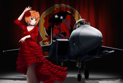 Rule 34 | 1girl, ace combat, ace combat zero, aircraft, airplane, breasts, canopy (aircraft), dress, f-15 eagle, fighter jet, flower, galm team, hair flower, hair intakes, hair ornament, highres, jet, medium breasts, military, military vehicle, nico minamoto, orange hair, project gen2, red dress, red flower, short hair, solo, standing, virtual youtuber, zero (73ro)