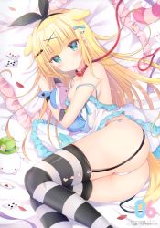Rule 34 | 1girl, absurdres, animal ears, ass, bare arms, bare shoulders, blonde hair, breasts, closed mouth, collar, dog ears, dog girl, dog tail, dress, frilled dress, frills, frown, garter straps, green eyes, hair ornament, hair ribbon, highres, leash, long hair, looking at viewer, lying, medium breasts, no bra, on side, original, panties, picpicgram, pillow, ribbon, short dress, side-tie panties, sleeveless, sleeveless dress, solo, spaghetti strap, strap slip, string panties, striped clothes, striped thighhighs, tagme, tail, thighhighs, thighs, underwear, v-shaped eyebrows, white dress, white panties, x hair ornament