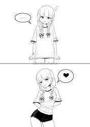 Rule 34 | 1girl, absurdres, arms behind back, blunt bangs, blush, breasts, clothes writing, comic, commentary request, contrapposto, cowboy shot, embarrassed, english text, flying sweatdrops, greyscale, gym shirt, gym shorts, gym uniform, hair ribbon, heart, highres, korean commentary, looking at viewer, looking away, looking down, medium breasts, meme, midriff, monochrome, multiple views, navel, open mouth, original, pajamas challenge (meme), ribbon, shirt, short sleeves, shorts, simple background, speech bubble, spoken heart, standing, sweat, thighs, uihyeon chae, watermark, white background