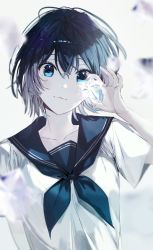 Rule 34 | 1girl, :3, bad id, bad pixiv id, black hair, blue eyes, blue neckerchief, commentary, crossed bangs, holding, holding star, looking at viewer, muted color, naru (ul), neckerchief, original, school uniform, serafuku, short hair, short sleeves, solo, star (symbol), symbol-only commentary, upper body
