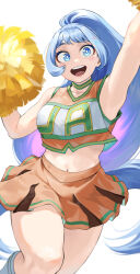 Rule 34 | 1girl, :d, absurdres, arm up, armpits, blue eyes, blue hair, boku no hero academia, breasts, cheerleader, fengling (furin-jp), hadou nejire, highres, holding, holding pom poms, long hair, looking at viewer, medium breasts, midriff, navel, open mouth, orange skirt, pom pom (cheerleading), pom poms, round teeth, simple background, skirt, smile, solo, teeth, thighs, upper teeth only, very long hair, white background