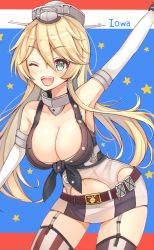 Rule 34 | 10s, 1girl, bad id, bad pixiv id, blonde hair, blue eyes, breasts, cleavage, highres, iowa (kancolle), kantai collection, large breasts, long hair, miniskirt, nan (jyomyon), navel, one eye closed, skirt, solo, star-shaped pupils, star (symbol), symbol-shaped pupils, thighhighs