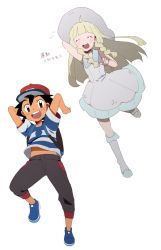 Rule 34 | ^ ^, ash ketchum, black hair, blonde hair, brown eyes, closed eyes, creatures (company), dress, game freak, hat, highres, lillie (pokemon), nintendo, pokemon, pokemon (anime), pokemon sm, pokemon sm (anime), shirt, simple background, striped clothes, striped shirt, white background, white dress, white hat