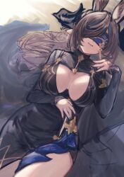 Rule 34 | 1girl, absurdres, animal ears, black dress, black nails, blindfold, blue hair, breasts, brown hair, dress, galleon (granblue fantasy), galleon (life&#039;s compassionate observer) (granblue fantasy), granblue fantasy, highres, horns, inoryyy000, large breasts, lying, multicolored hair, on back, pointy ears, solo, two-tone hair