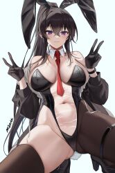 Rule 34 | 1girl, absurdres, animal ears, asymmetrical legwear, bare shoulders, between breasts, black gloves, black hair, bracelet, breasts, cleavage, counter:side, covered navel, detached collar, double v, gloves, gluteal fold, groin, high heels, highres, jewelry, kneeling, large breasts, leotard, long hair, looking at viewer, maett, meme attire, necktie, necktie between breasts, playboy bunny, ponytail, purple eyes, rabbit ears, rabbit tail, red necktie, see-through, signature, solo, spread legs, tail, thighhighs, translucent bunnysuit, v, yoo mina