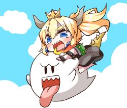 Rule 34 | 1girl, :d, absurdres, black dress, black footwear, blonde hair, blue eyes, blue sky, boo (mario), bowsette, bracelet, chibi, cloud, commentary request, crown, day, dress, fire, flying, hair between eyes, high heels, highres, horns, jako (jakoo21), jewelry, long hair, mario (series), mini crown, new super mario bros. u deluxe, nintendo, open mouth, outdoors, ponytail, sharp teeth, sky, smile, spiked bracelet, spiked shell, spiked tail, spikes, super crown, tail, teeth, tongue, tongue out, turtle shell, v-shaped eyebrows