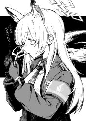 Rule 34 | 1girl, absurdres, animal ears, armband, blue archive, cigarette, commentary request, gloves, greyscale, halo, hayashi itsuki, highres, holding, holding lighter, kanna (blue archive), lighter, long hair, long sleeves, monochrome, necktie, shirt, smoking, solo, translation request, upper body