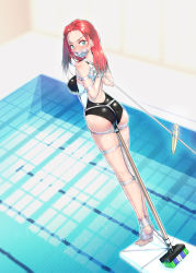Rule 34 | 1girl, arms behind back, ass, bare shoulders, blush, bound, breasts, broom, crying, diving board, green eyes, hidden (pixiv 46421548), highres, leaning forward, long hair, looking back, original, pool, red hair, swimsuit, tears, tied up, toes, water