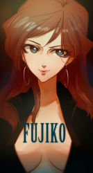 Rule 34 | 1girl, absurdres, artist request, blue eyes, breasts, breasts apart, brown hair, character name, cleavage, earrings, eyebrows, eyes visible through hair, head tilt, highres, jewelry, light, lips, long hair, looking to the side, lupin iii, medium breasts, mine fujiko, open clothes, open collar, open shirt, parted lips, shirt, smile, solo, upper body