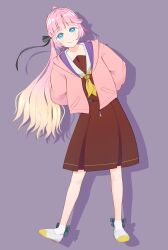 Rule 34 | 1girl, anyoji hime, arms behind back, black ribbon, blonde hair, blue eyes, blunt bangs, blush, brown dress, closed mouth, commentary, dress, drop shadow, full body, gradient hair, hair ribbon, hasu no sora school uniform, highres, hood, hooded jacket, jacket, leaning to the side, link! like! love live!, loafers, long hair, long sleeves, looking at viewer, love live!, medium dress, multicolored hair, neckerchief, oleo, open clothes, open jacket, pink hair, pink jacket, pleated dress, ponytail, purple background, ribbon, sailor collar, sailor dress, school uniform, shoes, sidelocks, simple background, smile, solo, standing, swept bangs, two-tone footwear, uwabaki, very long hair, virtual youtuber, white footwear, white sailor collar, winter uniform, yellow footwear, yellow neckerchief