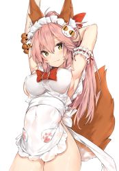 Rule 34 | 10s, 1girl, :3, animal ear fluff, animal ears, animal hands, apron, arm behind head, arm garter, armpits, arms up, blush, bow, breasts, bright pupils, cat hair ornament, closed mouth, covered erect nipples, covered navel, cowboy shot, fang, fang out, fate/extra, fate/grand order, fate (series), fox ears, fox tail, frills, gloves, hair between eyes, hair bow, hair ornament, hand on own arm, highres, large breasts, light smile, long hair, looking at viewer, maid headdress, naked apron, paw gloves, pink hair, red bow, ribbon trim, sideboob, silver (chenwen), simple background, solo, standing, tail, tamamo (fate), tamamo cat (fate), tamamo cat (third ascension) (fate), tamamo no mae (fate/extra), thighs, tsurime, white apron, white background, white pupils, yellow eyes