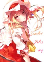 Rule 34 | 1girl, ascot, blonde hair, commentary request, cowboy shot, crystal, flandre scarlet, hat, head tilt, highres, long hair, looking at viewer, mob cap, one side up, pointy ears, red eyes, red skirt, red vest, sakusyo, shirt, sidelocks, simple background, skirt, skirt set, solo, touhou, vest, white background, white hat, white shirt, wings, yellow ascot