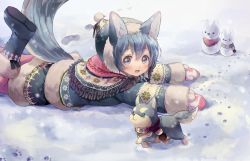 Rule 34 | 1girl, animal, animal ears, bad id, bad pixiv id, blue hair, boots, coat, commentary request, dog, footprints, fur-trimmed boots, fur-trimmed coat, fur-trimmed skirt, fur-trimmed sleeves, fur trim, hat, koyomi (shironeko project), lying, mittens, on stomach, poncho, rucaco, scarf, shironeko project, skirt, snow, snowman, tail, tarou (shironeko project), white mittens, winter clothes, winter coat, wolf ears, wolf tail, woollen cap