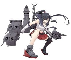 Rule 34 | 1girl, anchor symbol, black hair, breasts, cleavage, gloves, hair between eyes, holding, kantai collection, large breasts, long hair, navel, open mouth, perspective, pleated skirt, ponytail, red eyes, red skirt, rigging, rindou (rindou annon), rudder footwear, sailor collar, school uniform, serafuku, sidelocks, simple background, skirt, sleeveless, solo, white background, white gloves, yahagi (kancolle)