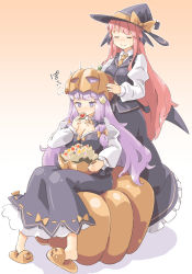 Rule 34 | alternate costume, arnest, bat wings, blush, breasts, cleavage, closed eyes, cookie, crescent, crescent hair ornament, dress, eating, food, gradient background, hair ornament, halloween, hat, head wings, highres, jack-o&#039;-lantern, koakuma, large breasts, long hair, long sleeves, low wings, motion lines, patchouli knowledge, puffy long sleeves, puffy sleeves, purple eyes, purple hair, red hair, sitting, slippers, smile, standing, touhou, very long hair, wings, witch hat