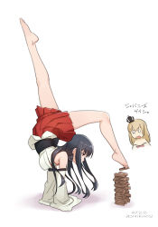 Rule 34 | 2girls, balancing, barefoot, black hair, commentary request, detached sleeves, full body, fusou (kancolle), handstand, japanese clothes, jenga, kantai collection, legs up, long hair, multiple girls, nikuoji, one-hour drawing challenge, plantar flexion, pleated skirt, red eyes, red skirt, simple background, skirt, solo focus, translation request, warspite (kancolle), white background
