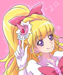 Rule 34 | 1girl, asahina mirai, blonde hair, bow, chocokin, cure miracle, earrings, gem, gloves, hair bow, hairband, half updo, hat, index finger raised, jewelry, long hair, looking at viewer, magical girl, mahou girls precure!, mini hat, mini witch hat, pink background, pink bow, pink hat, ponytail, precure, purple eyes, smile, solo, upper body, white gloves, witch hat