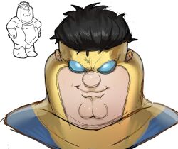 1boy black_hair bodysuit cleft_chin closed_mouth commentary cosplay english_commentary family_guy fat fat_man highres invincible_(character) invincible_(character)_(cosplay) invincible_(series) kowai_(iamkowai) male_focus peter_griffin short_hair smile solo yellow_bodysuit