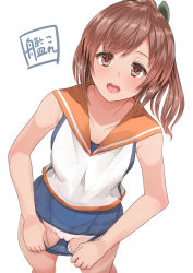 Rule 34 | 10s, 1girl, bow, brown hair, cleft of venus, hair bow, i-401 (kancolle), kantai collection, long hair, looking at viewer, miyamoto issa, open mouth, ponytail, presenting, pussy, school swimsuit flap, school uniform, signature, simple background, smile, solo, thighs, uncensored, white background