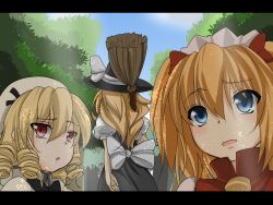 Rule 34 | 3girls, blonde hair, blue eyes, broom, drill hair, female focus, hair ribbon, hat, kamo (yokaze), kirisame marisa, letterboxed, long hair, luna child, multiple girls, perfect memento in strict sense, red eyes, ribbon, short hair, sunny milk, touhou, tree, twintails, witch, witch hat