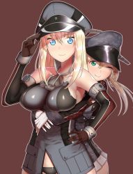 Rule 34 | 10s, 2girls, amano don, anchor hair ornament, bad id, bad pixiv id, bare shoulders, bismarck (kancolle), blonde hair, blue eyes, breasts, detached sleeves, gloves, hair ornament, hat, hug, hug from behind, kantai collection, large breasts, long hair, looking at viewer, military, military hat, military uniform, multiple girls, one eye closed, peaked cap, prinz eugen (kancolle), remodel (kantai collection), simple background, smile, thighhighs, twintails, uniform