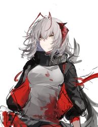 Rule 34 | 1girl, antennae, arknights, black scarf, blood, blood on clothes, breasts, commentary, grey shirt, hair between eyes, highres, horns, jacket, joshua (shisanli934), long sleeves, medium breasts, open clothes, open jacket, scarf, shirt, short hair, silver hair, simple background, solo, upper body, w (arknights), white background, yellow eyes