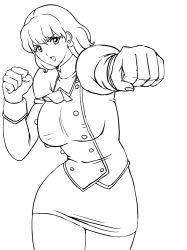 Rule 34 | 1990s (style), 1girl, 78 (tky8), agent aika, aika (series), ascot, breasts, clenched hand, delmo, earrings, jacket, jewelry, monochrome, open mouth, panties, punching, retro artstyle, short hair, skirt, solo, underwear, upper body, white delmo, white delmo r