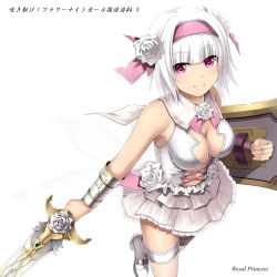 Rule 34 | 1girl, armpit peek, bad id, bad nicoseiga id, bare shoulders, blunt bangs, breasts, character name, cleavage, clothing cutout, commentary request, cross-laced clothes, cross-laced cutout, flower, flower knight girl, hair flower, hair ornament, hairband, holding, holding sword, holding weapon, kuromayu, looking at viewer, medium breasts, pink eyes, royal princess (flower knight girl), short hair, smile, solo, sword, weapon, white hair