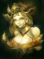 Rule 34 | 1girl, bare shoulders, breasts, cleavage, detached collar, earrings, eyelashes, hat, highres, jewelry, lipstick, long hair, makeup, original, solo, watermother2004, yellow eyes