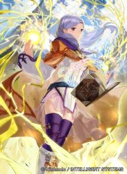 Rule 34 | 1girl, book, cape, commentary request, company name, copyright name, day, fire emblem, fire emblem: path of radiance, fire emblem: radiant dawn, fire emblem cipher, ilyana (fire emblem), long hair, magic, mayo (becky2006), nintendo, official art, outdoors, purple thighhighs, skirt, solo, thighhighs