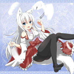 Rule 34 | 1girl, animal ears, bird, blue eyes, blush, bow, crane (animal), detached sleeves, feathers, fox ears, fox tail, frills, geso (nekomachi), japanese clothes, kitsune, long hair, looking at viewer, miko, open mouth, original, pantyhose, simple background, solo, tail, white hair, wide sleeves