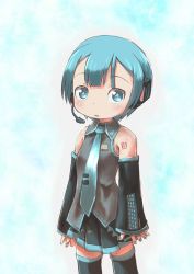 Rule 34 | 1boy, black skirt, black thighhighs, blue eyes, blue hair, blue nails, blue necktie, blush, cosplay, detached sleeves, hatsune miku, hatsune miku (cosplay), headset, highres, looking at viewer, made in abyss, male focus, maruruk, nail polish, necktie, parted lips, pleated skirt, skirt, sleeveless, solo, thighhighs, trap, vocaloid, ximu shilang