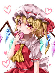 Rule 34 | absurdres, ascot, back bow, blonde hair, blouse, bow, box, breasts, closed mouth, collared shirt, commentary request, crystal, flandre scarlet, frilled shirt collar, frilled sleeves, frills, gift, gift box, glowing, glowing wings, hat, hat ribbon, head tilt, heart, highres, holding, holding gift, looking at viewer, mahoro (minase mahoro), medium hair, mob cap, multicolored wings, orange eyes, puffy short sleeves, puffy sleeves, red ribbon, red skirt, red vest, ribbon, shirt, short sleeves, side ponytail, simple background, skirt, small breasts, smile, touhou, valentine, vest, white background, white bow, white hat, white shirt, wings, yellow ascot
