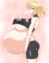Rule 34 | 1girl, bike shorts, blonde hair, blush, breast expansion, breasts, breath, covered erect nipples, green eyes, highres, huge breasts, looking at viewer, mizuhashi parsee, pandain, pointy ears, pregnant, profile, short hair, solo, sweat, touhou