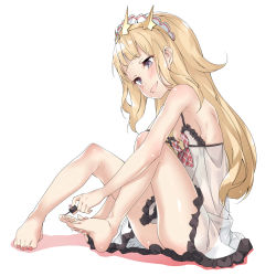 Rule 34 | 10s, 1girl, applying pedicure, bad id, bad twitter id, bare arms, bare legs, bare shoulders, barefoot, blonde hair, blush, bow, breasts, cagliostro (granblue fantasy), dress, ebifurya, feet, frilled dress, frills, full body, granblue fantasy, hairband, hands on feet, highres, holding, inactive account, long hair, looking at viewer, makeup, nail polish, open mouth, painting nails, painting toenails, pink nails, plaid, plaid bow, purple eyes, see-through, simple background, sitting, small breasts, smile, solo, strap slip, toenail polish, toenails, toes, white background, white dress