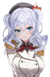 Rule 34 | 1girl, absurdres, bad anatomy, beret, black hat, blue eyes, blush, closed mouth, collared shirt, epaulettes, fathom, grey hair, grey shirt, hair between eyes, hat, highres, jacket, kantai collection, kashima (kancolle), long hair, long sleeves, military, military uniform, shirt, simple background, smile, solo, twintails, uniform, upper body, white background, white jacket