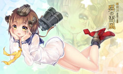 Rule 34 | 10s, 1girl, artist name, binoculars, blush, brown eyes, brown hair, dress, hair ornament, hands on own cheeks, hands on own face, kantai collection, looking at viewer, no panties, open mouth, paint musume, panties, sailor dress, school uniform, see-through, short hair, smile, solo, underwear, white panties, yukikaze (kancolle)