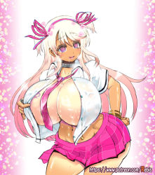Rule 34 | 10s, 1girl, alternate color, alternate hair color, blush, breasts, cleavage, curvy, drooling, ganguro, heart, heart-shaped pupils, huge breasts, katsuragi (senran kagura), long hair, looking at viewer, microskirt, navel, necktie, open clothes, open shirt, pink eyes, pink hair, pleated skirt, rebis, school uniform, senran kagura, shirt, simple background, skirt, smile, solo, sweat, symbol-shaped pupils, tan, thighs, tongue, tongue out, wide hips