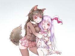 Rule 34 | 10s, 2girls, animal ears, black legwear, blush, breasts, rabbit ears, cosplay, fur collar, imaizumi kagerou, japanese wolf (kemono friends), japanese wolf (kemono friends) (cosplay), kemono friends, laoism, light purple hair, long hair, medium breasts, mountain hare (kemono friends), mountain hare (kemono friends) (cosplay), multiple girls, open mouth, purple hair, red eyes, reisen udongein inaba, skirt, small breasts, tail, thighhighs, tongue, tongue out, touhou, trait connection, very long hair, wolf ears, wolf tail, yuri