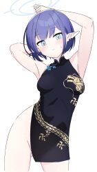 Rule 34 | 1girl, absurdres, aoi (blue archive), aqua eyes, arms up, black dress, blue archive, blue hair, blush, breasts, china dress, chinese clothes, closed mouth, commentary request, cosplay, dragon print, dress, ear piercing, halo, highres, kisaki (blue archive), kisaki (blue archive) (cosplay), looking at viewer, medium breasts, no panties, piercing, pointy ears, see-through, short hair, simple background, sleeveless, sleeveless dress, solo, sweat, turu3ya, white background