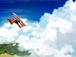 Rule 34 | aircraft, airplane, artist name, biplane, blue sky, cloud, day, midair, original, outdoors, scenery, signature, sky, waisshu (sougyokyuu)