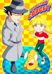 Rule 34 | 1980s (style), 1girl, 2boys, age difference, blonde hair, brain (inspector gadget), coat, dic entertainment, dog, gadget, green eyes, grin, hat, inspector gadget, k-suwabe, looking at viewer, multiple boys, oldschool, penny (inspector gadget), retro artstyle, short hair, smile, trench coat, twintails
