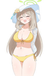 Rule 34 | 1girl, arms behind back, bikini, blue archive, blush, breasts, cleavage, closed eyes, flower, hair between eyes, halo, hat, hat flower, highres, junes, large breasts, long hair, nonomi (blue archive), nonomi (swimsuit) (blue archive), open clothes, open mouth, see-through, simple background, solo, sun hat, swimsuit, very long hair, white background, white hat, yellow bikini, yellow flower