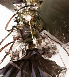 Rule 34 | 1girl, black background, blush, bow, frills, green eyes, green hair, hat, kozou (soumuden), long sleeves, looking at viewer, matching hair/eyes, parted lips, puffy sleeves, rod of remorse, shiki eiki, shirt, short hair, shoulder pads, simple background, skirt, skirt set, solo, touhou, vest, white background, wide sleeves