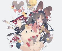 Rule 34 | 1girl, :d, animal ears, arrow (projectile), arrow in body, arrow in head, balloon, black hair, bow, cheese, chibi, chinese zodiac, flower, food, fruit, hair bow, hair flower, hair ornament, highres, japanese clothes, kimono, long hair, long sleeves, looking at viewer, mandarin orange, mochi, mouse (animal), mouse ears, mouse girl, mouse tail, nanmokaken, new year, notched ear, object through head, open mouth, original, pink kimono, plant, potted plant, purple eyes, sidelocks, smile, solo, tail, torii, twintails, very long hair, wide sleeves, year of the rat