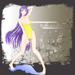 Rule 34 | 1990s (style), 1girl, arm up, bare shoulders, barefoot, breasts, feet, female focus, final fantasy, final fantasy vii, full body, gradient background, green eyes, highres, leotard, long hair, plumsyrup, pollensalta, purple hair, retro artstyle, solo