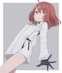 Rule 34 | 1girl, ahoge, bad id, bad twitter id, black gloves, blush, brown eyes, brown hair, closed mouth, collared jacket, commentary request, fate/grand order, fate (series), fujimaru ritsuka (female), fujimaru ritsuka (female) (decisive battle chaldea uniform), gloves, grey background, hair between eyes, highres, jacket, long hair, long sleeves, looking at viewer, official alternate costume, skirt, solo, totatokeke, two-tone background, v-shaped eyebrows, white background, white jacket, white skirt
