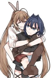 Rule 34 | 2girls, ^ ^, ahoge, blue eyes, blue hair, breasts, brown hair, carrying, clipe, closed eyes, crop top, feather hair, grin, hair intakes, hair ornament, hairclip, hololive, hololive english, hug, hug from behind, large breasts, medium hair, multiple girls, nanashi mumei, ouro kronii, piggyback, ponytail, shirt, skirt, sleeveless, sleeveless shirt, smile, underboob, virtual youtuber