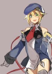 Rule 34 | 1girl, beret, blazblue, blonde hair, blush, breasts, green eyes, hat, hyakuhachi (over3), looking at viewer, military, military uniform, noel vermillion, short hair, small breasts, smile, solo, uniform