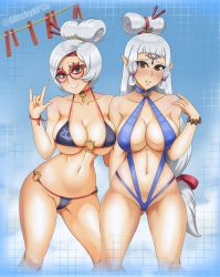 Rule 34 | 2girls, absurdres, bare shoulders, bikini, black bikini, blue background, blue bikini, blunt bangs, blush, bracelet, breasts, brown eyes, cleavage, closed mouth, collarbone, cowboy shot, facepaint, glasses, glitchynpc, gluteal fold, hair ornament, hair stick, highres, hyrule warriors: age of calamity, impa, jewelry, large breasts, long hair, looking at viewer, multiple girls, navel, nintendo, o-ring, o-ring bikini, parted lips, pointy ears, purah, red-framed eyewear, silver hair, simple background, slingshot swimsuit, smile, swept bangs, swimsuit, the legend of zelda, the legend of zelda: breath of the wild
